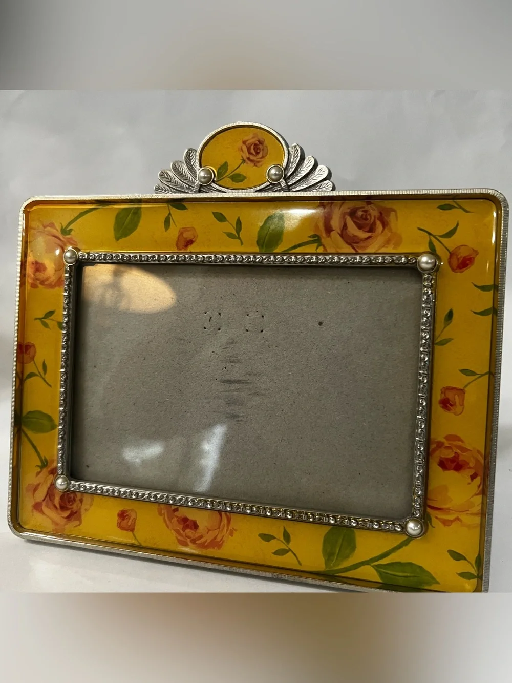 Vintage Thompson Yellow Floral Rose 5x7 Picture Frame Silver Bead & Pearl Accent